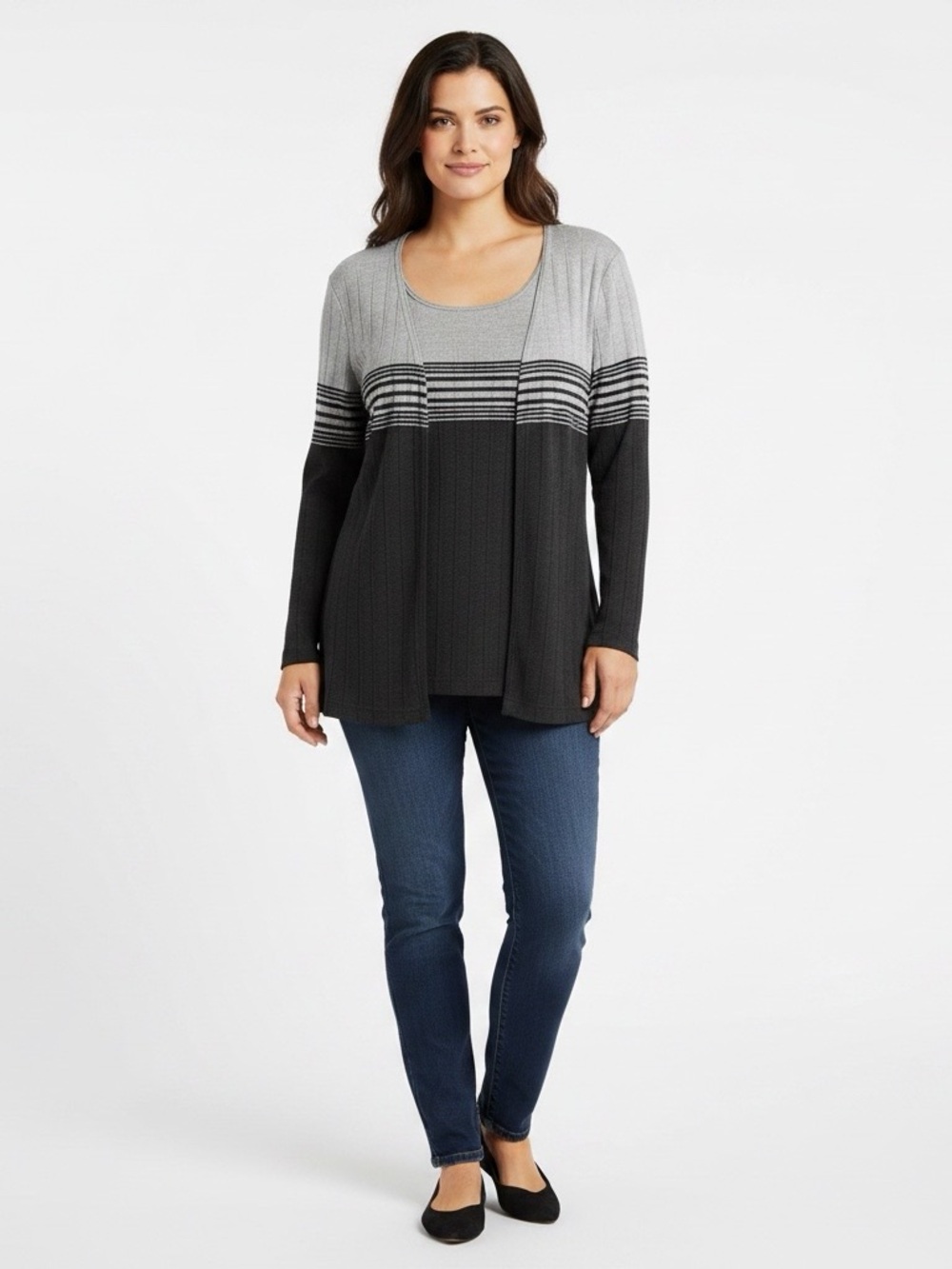 Megan Lee gray striped faux cardigan tank top sweater Pull on size 10 petite